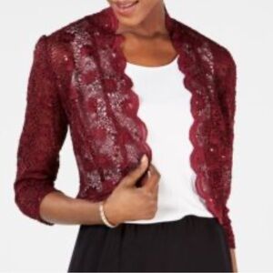 R & M Richards Scalloped Sequin Lace Bolero Size Large In Wine Red NWT